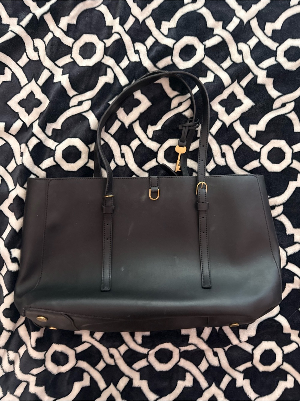 Classic Vegan Cactus Black Leather Tote Bag with Gold Accents